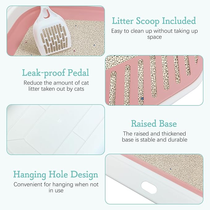 Fhiny Cat Litter Box Portable Shallow Litter Box 17.7"x13.4"x4.9" Foldable Cat Toilet with Scoop Open Kitty Potty Pan with Litter Drop Pedal Easy to Clean Travel Kitten Toilet(Pink)-PawvioPets