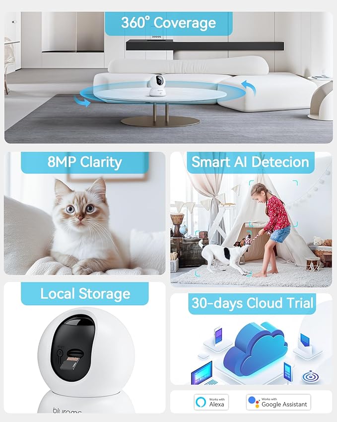 blurams Pet Camera 4K, 8MP Indoor Cameras for Home Security with One-Touch Call, Color Night Vision, Motion Tracking, 5GHz/2.4GHz Wi-Fi, Cloud & SD Card Storage, Wi-Fi 6-PawvioPets