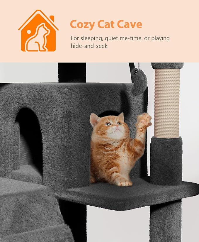 77'' Cat Tree Tower for Indoor Cats Large Adult, Cute/Tall Modern Cat Tree for Big Cats 20 lbs, Plush Multi-Level Cat Condo with Scratching Posts, Dangling Ball (Smoky Gray, 77 inch)-PawvioPets
