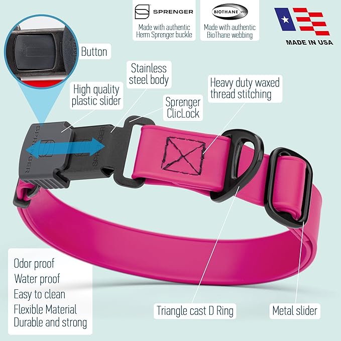 Dogline Biothane Waterproof Dog Collar with Herm Sprenger Stainless Steel Quick Release Buckle – Heavy Duty Tactical Durable Collar for Dogs – Comfortable and Safe Pet Collar, W 1" L 15-25", Magenta-PawvioPets