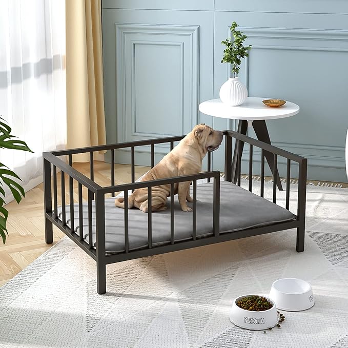 Dog Bed with Rails - Elevated Pet Metal Bed Frame with Solid Wood Board and Washable Soft Mat for Medium Dog Indoor or Outdoor Use, 25.2" x 37.8", Black-PawvioPets