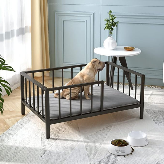 Dog Bed with Rails - Elevated Pet Metal Bed Frame with Solid Wood Board and Washable Soft Mat for Medium Dog Indoor or Outdoor Use, 25.2" x 37.8", Black-PawvioPets