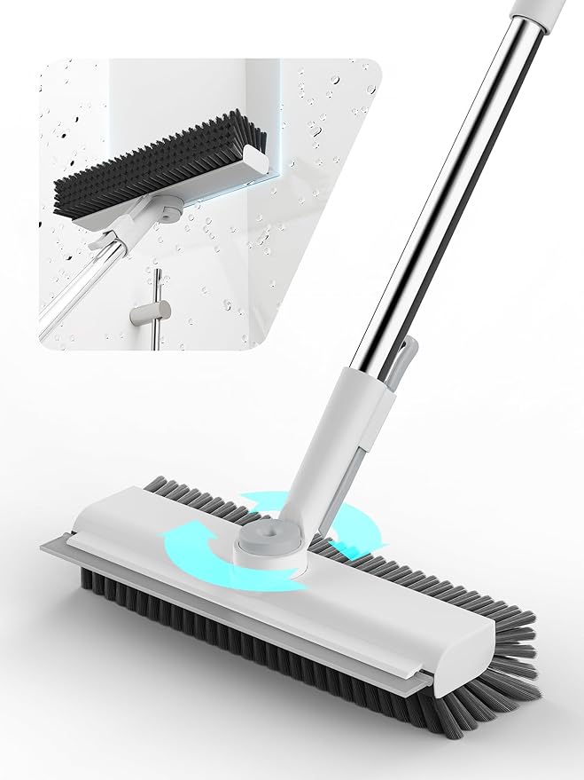 Floor Scrub Brush with Long Handle, 3 in 1 Scrape and Heavy-Duty Stiff Bristle Floor Scrubber Brush with Squeegee and Tweezer for Cleaning Tile Wall Deck Bathroom Patio Garage Kitchen (White)-PawvioPets