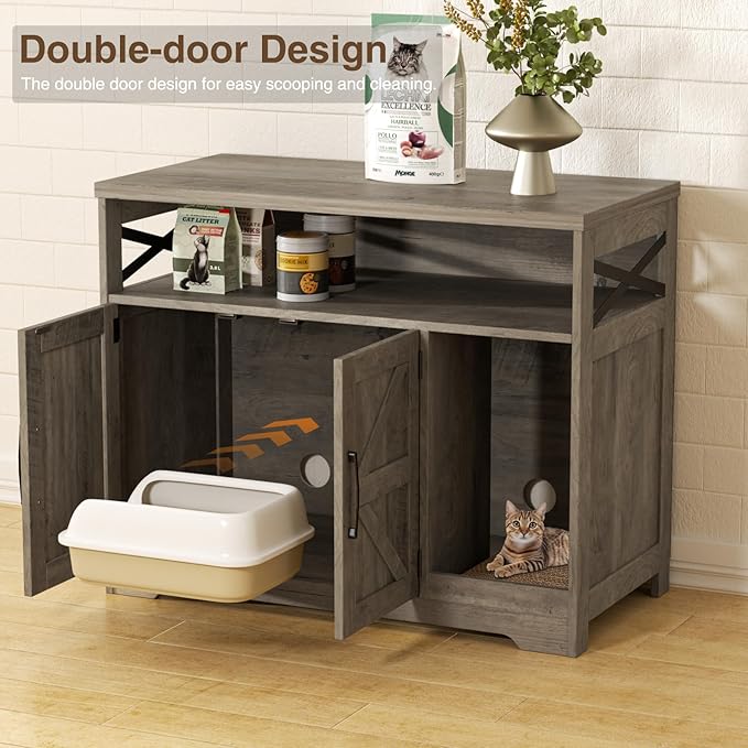 Cat Litter Box Enclosure, Hidden Litter Box Furniture with Scratch Pad, Farmhouse Indoor Cat House Washroom End Table, Grey-PawvioPets