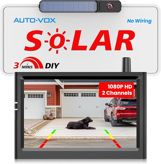 AUTO-VOX Solar Wireless Backup Camera:5" HD 1080P Monitor,3 Mins DIY Installation & 5000 mAh Battery Powered Solar Back Up Camera Systems, IP69K Waterproof Reverse Camera for Car, Van, Truck, Trailer-PawvioPets