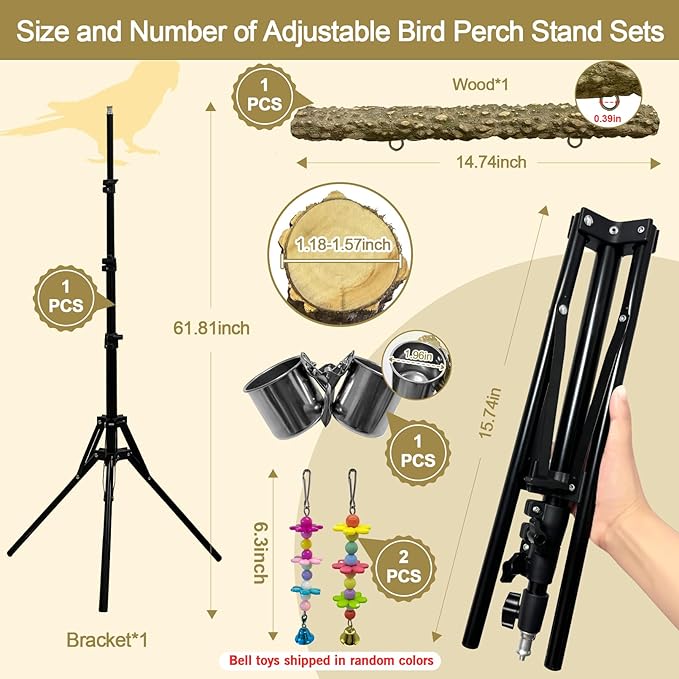 16-63 Inch Height Adjustable Bird Perch Pepper Wood Parrot Training Perch Stand with Feeding Cups and Swing Toy Parakeet Perches Indoor and Outdoor Parrot Stands for Small to Medium Bird-PawvioPets