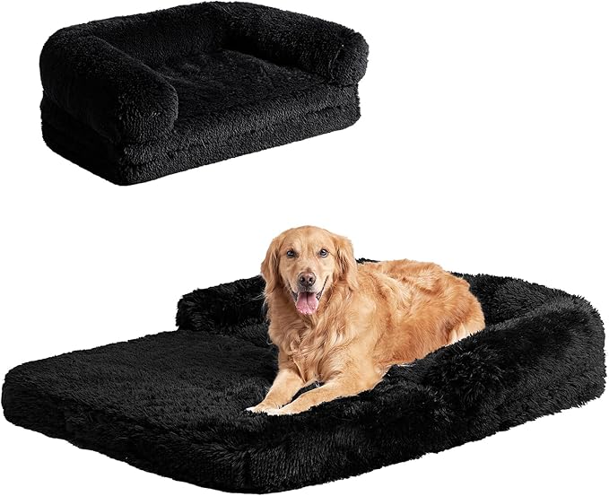 EHEYCIGA Foldable XXL Dog Bed, Faux Fur Fluffy Pet Couch Bed for Extra Large Dogs, Orthopedic Calming Memory Foam Big Pet Bed, Washable Soft Pet Sofa Bed with Non-Slip Bottom, Black, 54"x38"x7.5"-PawvioPets