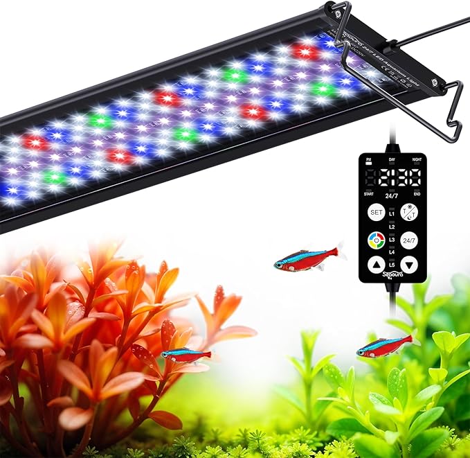 Aquarium Plant Light, 24/7 Programmable, Power-Off Memory, 7-Row LED 18-24in SEAOURA Full Spectrum Fish Tank Lights, 8 Colors, 20 Brightness Dimmable, Day & Night Cycle, Adjustable Bracket-PawvioPets