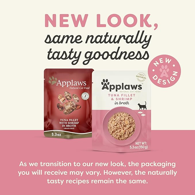 Applaws Natural Wet Cat Food in Broth, Limited Ingredient Wet Cat Food Pouches, No Additives, Made with Natural Ingredients, Tuna Fillet with Shrimp in Broth (12 x 5.3oz Pouches)-PawvioPets