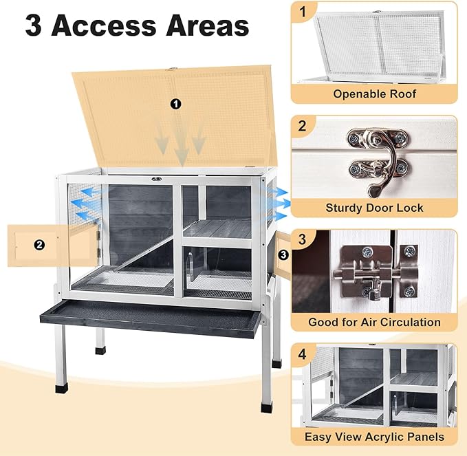 2-Story Guinea Pig Cage with Stand, Indoor Wooden Hamster Cage with Ramp, Pull-Out Tray, Hideout & Platform, Acrylic Transparent Small Animal Habitat for Chinchillas, Ferrets, Hedgehogs,Grey-PawvioPets