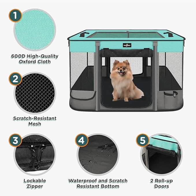 Foldable Pet Kitten Playpen, Waterproof Portable Pet Cat Dog Playpen Kennel Tent for Small Dog Cat, Removable Shade Cover, Come with Free Carrying Case, Indoor Outdoor Use for Small Animals, BlackTeal-PawvioPets