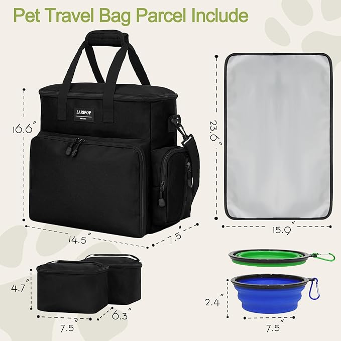 Dog Travel Bag,Weekend Pet Travel Bag Set for Dog and Cat,Airline Approved Tote Multi-Function Dog Bags for Traveling,Include 2 Collapsible Bowls,2 Food Storage Containers,1 Feeding Mat,Black-PawvioPets