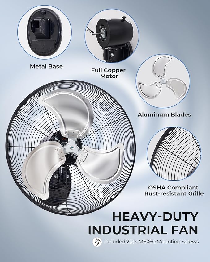 20 inch Wall Mount Fan Oscillating, 3-Speed 5500 CFM High Velocity Industrial Wall Mounted Fan, Heavy Duty Air Circulator for Garage, Shop, Gym, Workshop, Covered Patio - UL Listed-PawvioPets