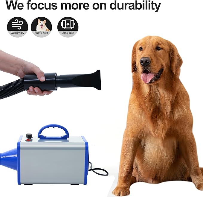 2400w 75m/s Dog Dryer for Pet Grooming, High Velocity Pet Hair Dryer with Heater, Adjustable Speed, 4 Nozzles and a Comb, Blue-PawvioPets