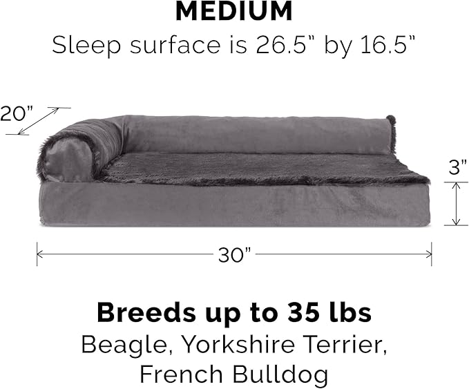 Furhaven Cooling Gel Dog Bed for Medium/Small Dogs w/ Removable Bolsters & Washable Cover, For Dogs Up to 35 lbs - Plush & Velvet L Shaped Chaise - Platinum Gray, Medium-PawvioPets