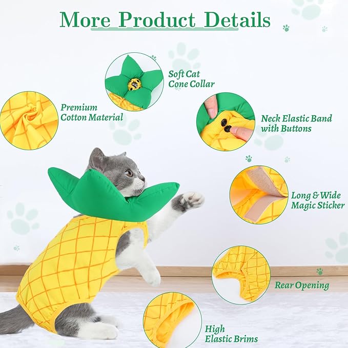 EMUST Cat Recovery Suit and Cat Cone Collar Set, Soft kittens Onesie for Cats After Surgery Female, Cute Kitten Surgery Recovery Suit Female, Cone of Shame Alternative for Kittens Under 4lb, Yellow, S-PawvioPets