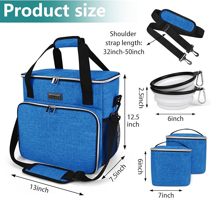 BAGLHER Dog Travel Bag, Pet Travel Bag (ALL Pet Travel Supplies), With 2 Pet Food Containers and 2 Collapsible Silicone Bowls; Essential Kits for Pet Travel Blue-PawvioPets