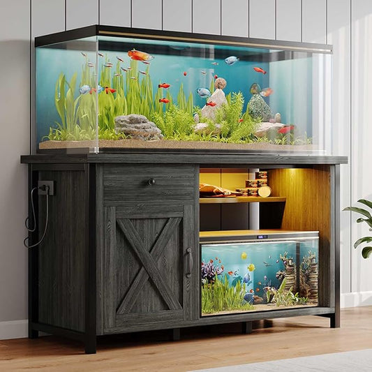 4ever2buy 55 Gallon Fish Tank Stand with LED Light & Power Outlets, 55-75 Gallon Aquarium Stand with Drawer & Barn Door, Cabinet for Fish Tank Accessories Storage for Reptile Tank, Turtle Tank, Gray-PawvioPets