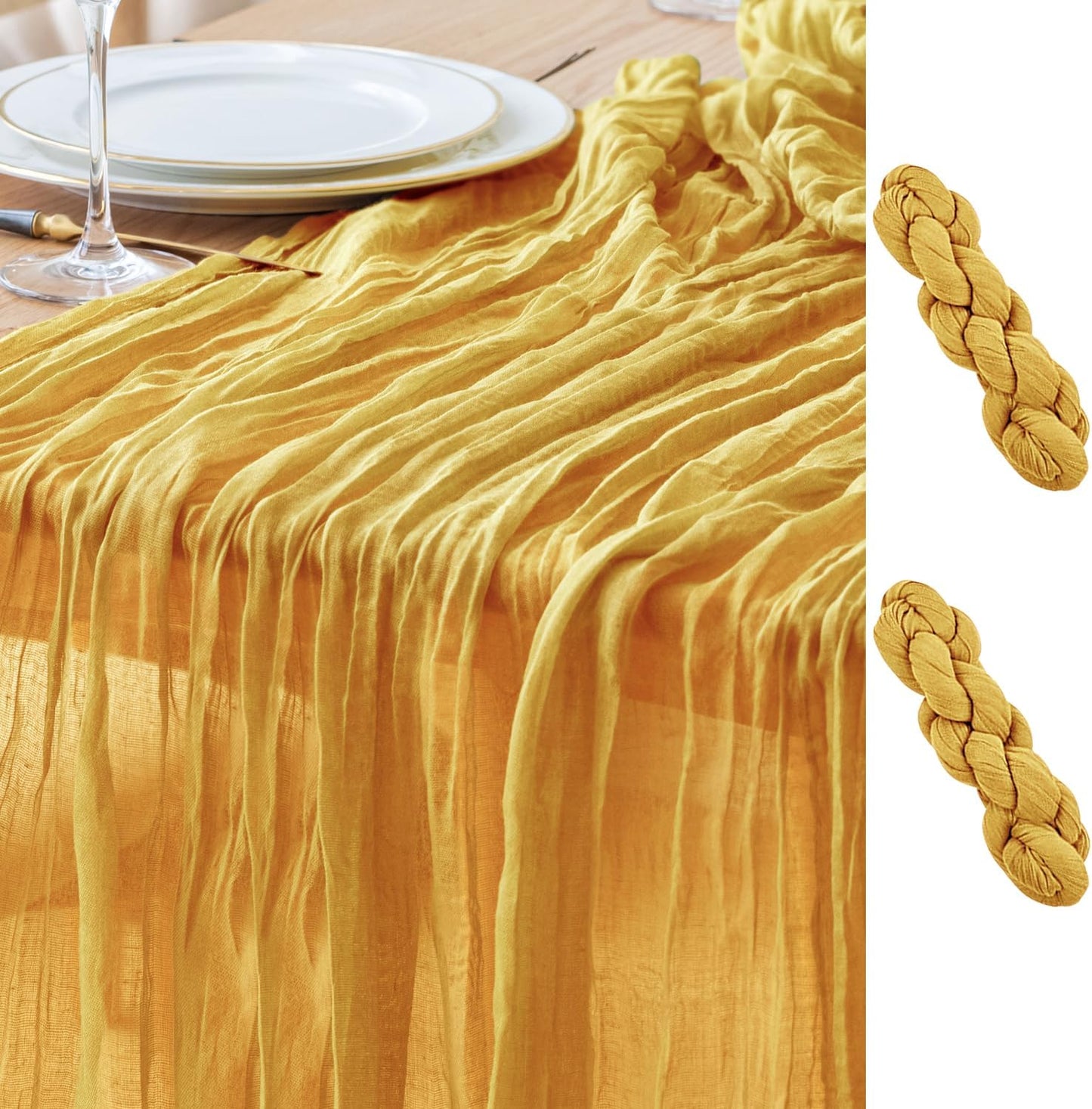 Asee'm 2pcs Cheesecloth Table Runner 120 Inches Long Gold Boho Gauze Cheese Cloth Runner 10FT Rustic Sheer Table Runners for Christmas Wedding Party Baby Shower Spring Easter Decoration