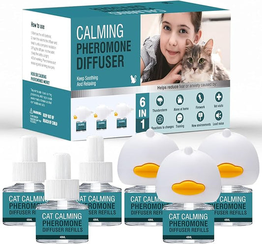 Cat Calming Diffuser 6 in 1 Multicat Calming Pheromones Diffusers Relief Stress Anxiety Fighting Scratching 90 Days Calm Relaxing Pheromone for Cats kit 48ml Refill Fits All Common Diffuser Plug In-PawvioPets