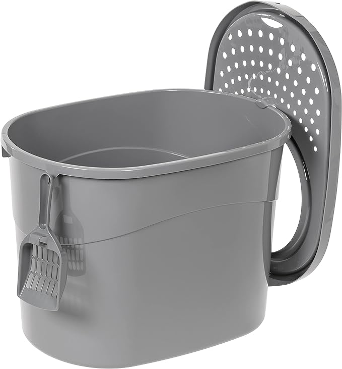 Amazon Basics Large Cat Litter Box with High Sides, Top Entry, Includes Scoop, 20.5 x 14.75 x 14.38 inches, Grey-PawvioPets