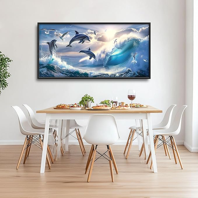 Dolphin Seagull Large Wall Art Sea Ocean Waves Sunrise Pictures Wall Decor Nautical Coastal Canvas Print Painting Artwork for Bathroom Living Room Bedroom 60L" x 30W"-PawvioPets