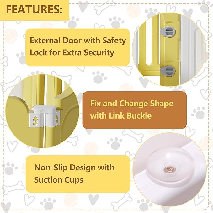 Foldable Dog Play Pen Indoors, Non-Slip Sturdy Puppy Playpen with Door, 25.5" H 10-Panel Adjustable Shape Dog Fence Pen for Small/Medium Dogs, Thickened, Easy to Store, White+Yellow-PawvioPets