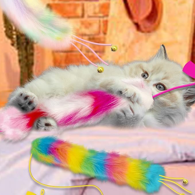 3 Pack Cat Wand Toy, Rainbow Cat Feather Toys with Bells, Teaser Wand with Soft Furry Tail, Interactive Toys for Indoor Cats & Kitten & Kitty-PawvioPets