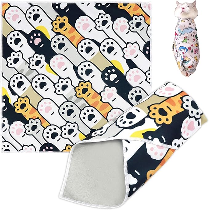 Cat Grooming Wrap, Cat Wrap Self-Adherent, Anti-Scratch Anti-Bite, Anti-Escape Grooming Bag for Cats Nail Clipping, Ear Cleaning, and Teeth Brushing (19.7 × 19.7" Paw Prints)-PawvioPets