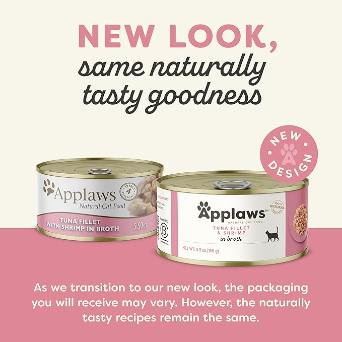 Applaws Natural Wet Cat Food, 24 Count, Limited Ingredient Canned Wet Cat Food, Tuna Fillet with Shrimp in Broth, 5.5oz Cans-PawvioPets