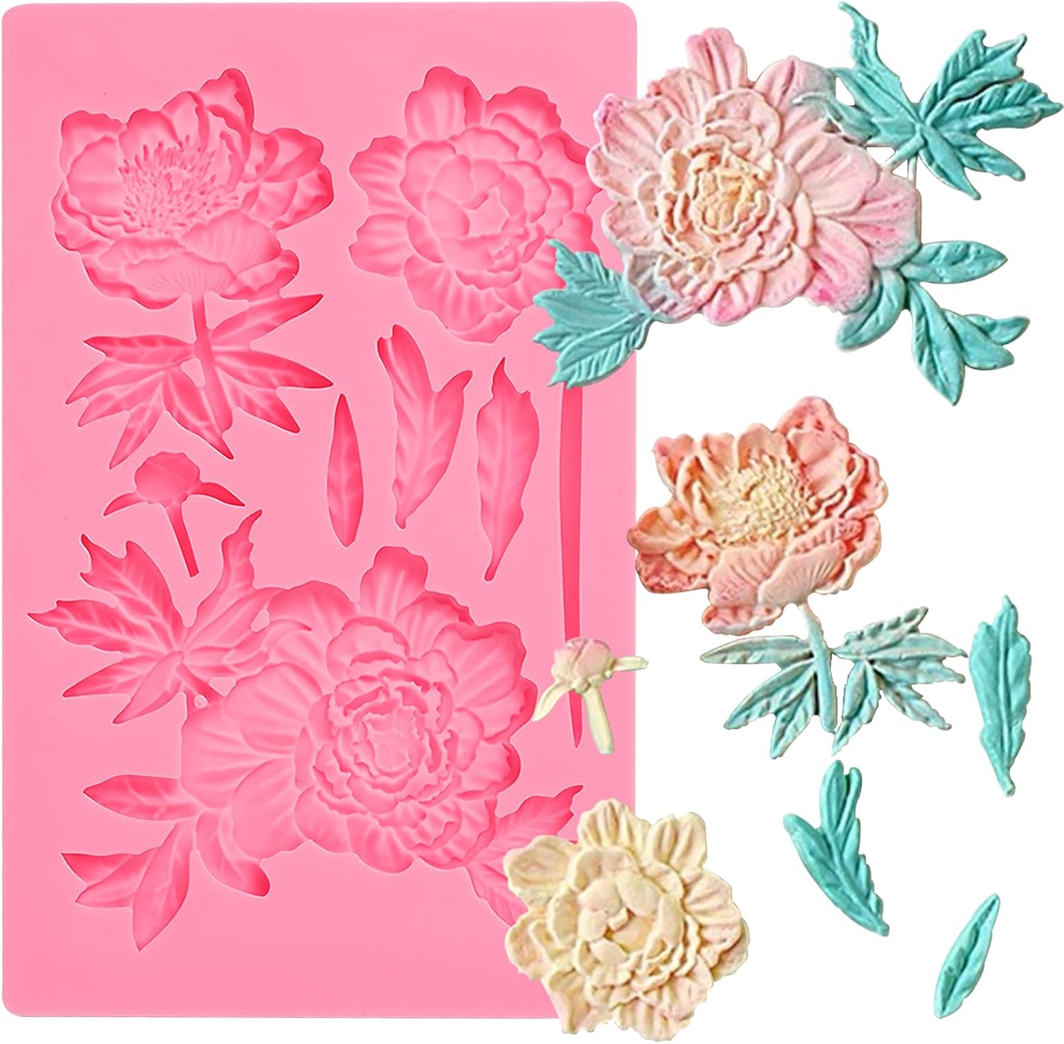 Rose Fondant Molds, Peony Kitchen Baking Silicone Mold, Leaf Chocolate Mold, for Cake Decoration, Flower Paste, Mousse, Jelly, Pudding, Butter, Chewing Gum, Epoxy Resin, Clay