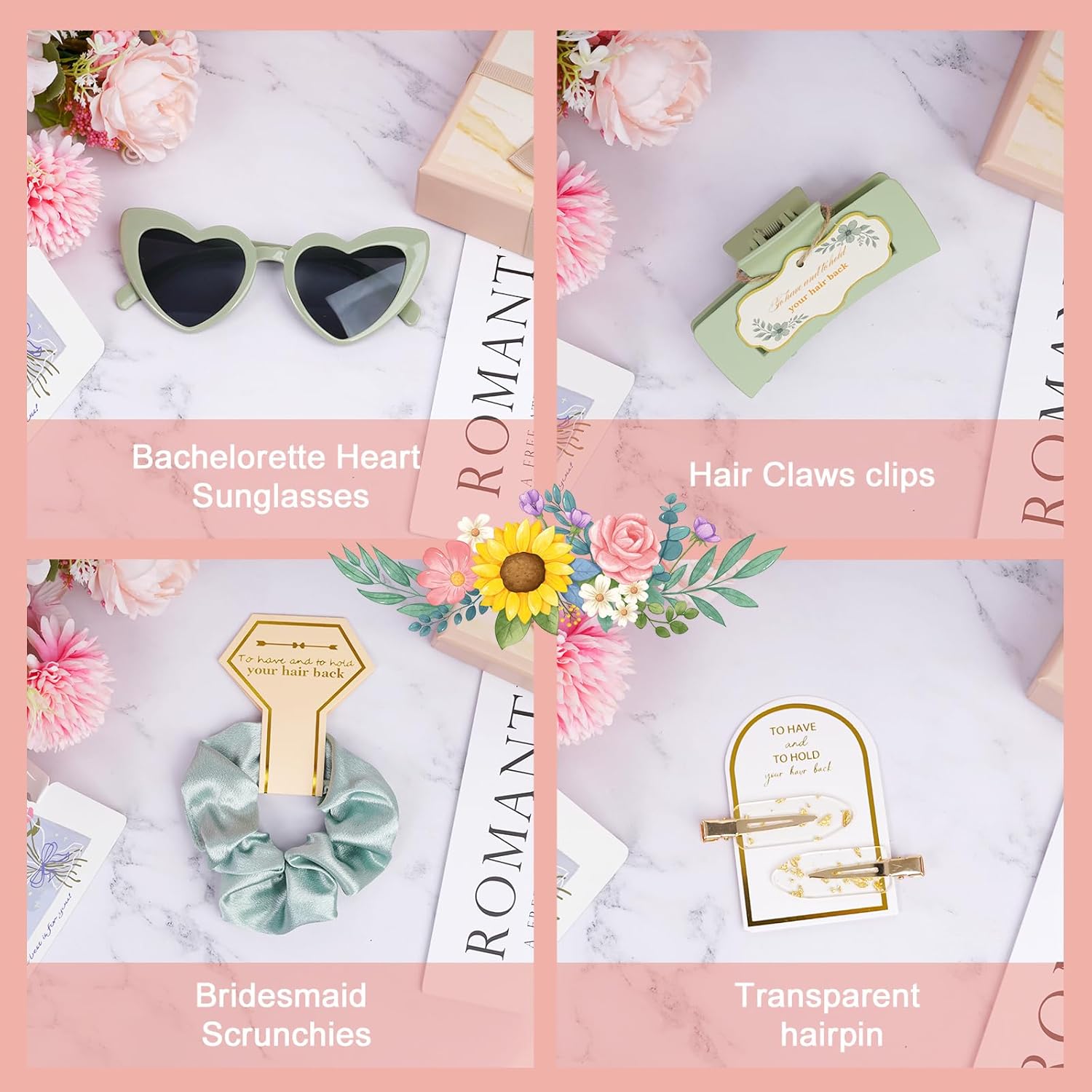 Sage Green Bridesmaid Gifts for Proposal, 6PCS Girls Gift Set with Hair Claws, Scrunchies, Makeup Clips & Heart Sunglasses, Wedding Bachelorette Party Favors, Birthday Gifts for Women Teens