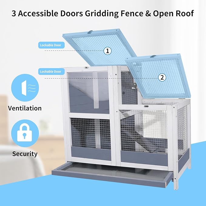 2-Story Guinea Pig Cages Wooden Indoor Rabbit Hutch Hamster Cage with Openable Roofs, Removable Tray and Wide Ramp, Small Animal Habitats for Hamsters, Guinea Pig, Ferrets, Hedgehog-PawvioPets