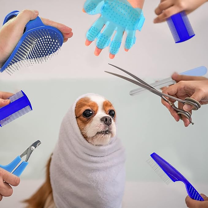 7-Piece Small Pet Grooming Kit with Brush, Nail Clippers, and Adjustable Strap for Rabbits, Hamsters, Guinea Pigs (Blue)-PawvioPets