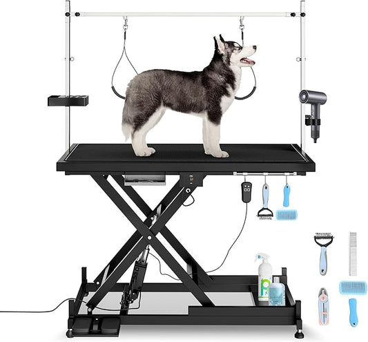 Electric Pet Grooming Table for Large Dogs - Professional Heavy Duty Height Adjustable Pet Grooming Station with Anti Slip Tabletop, Two Nooses & Tool Organizer, Maximum Capacity Up to 250 lbs Black-PawvioPets