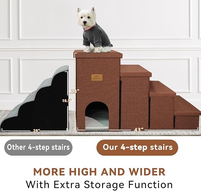 Dog Stairs with Condo 23" H, 4-Step Wider Dog Steps for High Beds Window, Folding Storage Pet Stairs Gift for Small/Medium/Large Old Dogs Cats, Ramp for Climbing Car Hold Up to 200 lbs, Brown-PawvioPets