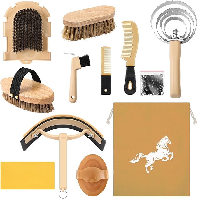 Abbylike 12 Pieces Horse Grooming Kit Racing Festival Tack Room Supplies Horse Brush Sets Equine Care Cleaning Kit Shedding Grooming Massaging Tools(Khaki)-PawvioPets