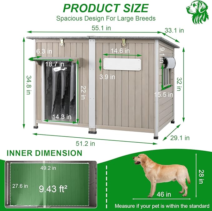 Dog House Outdoor Weatherproof & Wooden Dog Kennel with Chew-Proof Iron Frame，Removable Floor, Adjustable Vent Window, Easy Assembly for Large and Extra-Large Dogs 55.1" D x 33.1" W x 34.8" H-PawvioPets
