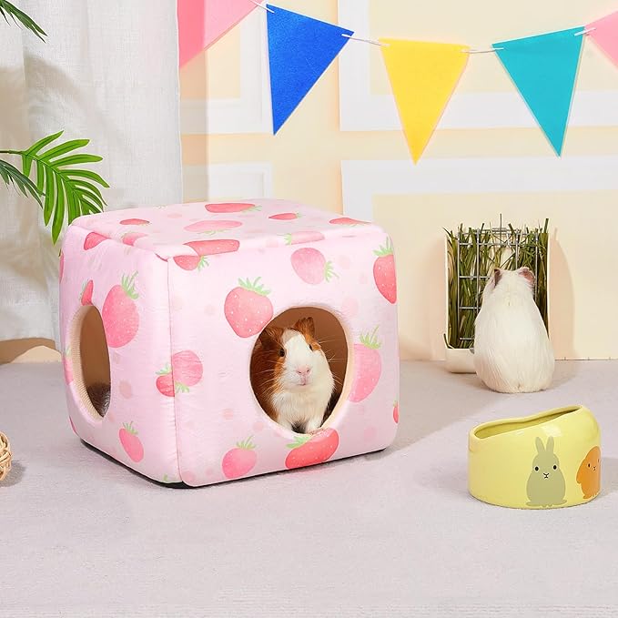 Bienbee Guinea Pig Hideout, Washable Guinea Pigs House Cozy Guinea Pigs Bed for Small Pet Bunny/Rabbit/Hamster/Chinchilla Guinea Pig Accessories Strawberry-PawvioPets