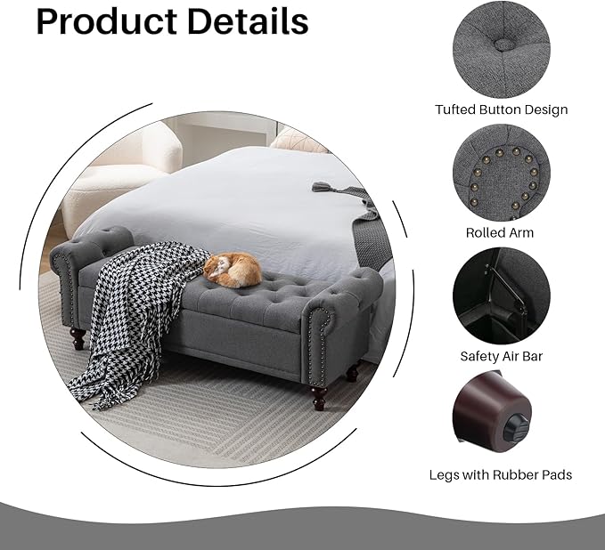 58.1'' Storage Bench Upholstered Linen End of Bedroom Bed Bench Ottoman with Tufted Cushioned Rolled Arm Large Storage Space for Reading Living Room Entryway, Grey-PawvioPets