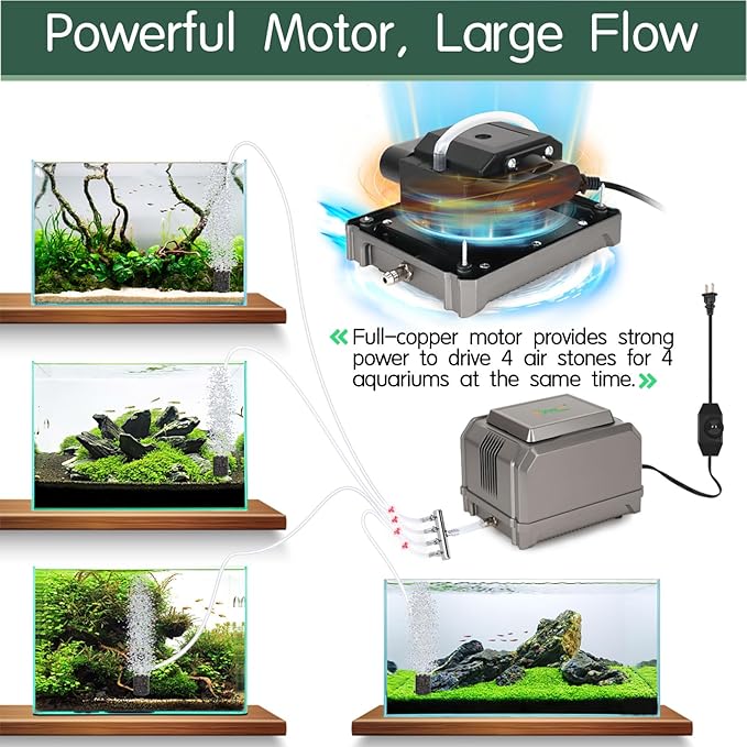 hygger Aquarium Air Pump 10W/15W 0.025Mpa/0.03Mpa Powerful Adjustable Fish Tank Air Pump 4 Outlets Oxygen Aerator for Medium Large Fish Tank Up to 1000 Gallon,Samll Pond,Hydroponics,Commercial Use-PawvioPets