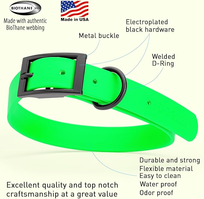 Dogline Biothane Waterproof Dog Collar Strong Coated Nylon Webbing with Black Hardware Odor- Proof for Easy Care Easy to Clean High Performance Fits Small Medium or Large Dogs, Tropical Green-PawvioPets