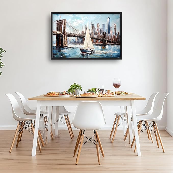 Extra Large Sailboat Framed Wall Art for Living Room,Oversized New York Brooklyn Bridge Pictures Wall Decor,Cityscape Canvas Print Painting Modern Artwork Bedroom Office Bathroom 36L" x 24W"-PawvioPets