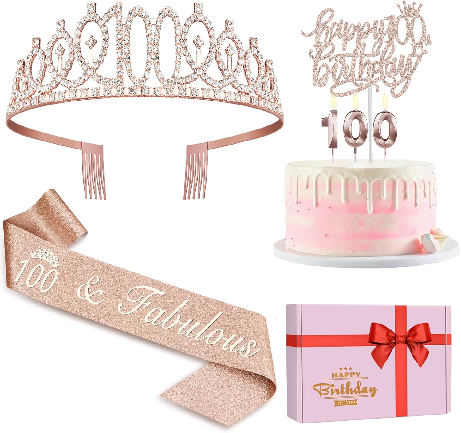 100th Birthday Decorations Women, Including Birthday Crown/Tiara, Sash, Cake Topper and Candles, Gifts for 100 Year Old Woman