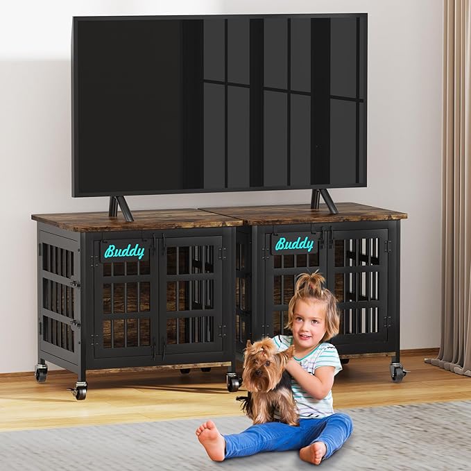 EasyCom Heavy Duty Dog Kennel Indoor with Name Tag, 27" Dog Crate Furniture for Small Dogs, Double-Doors Sturdy Metal Dog Cage for Anxiety Dog-PawvioPets