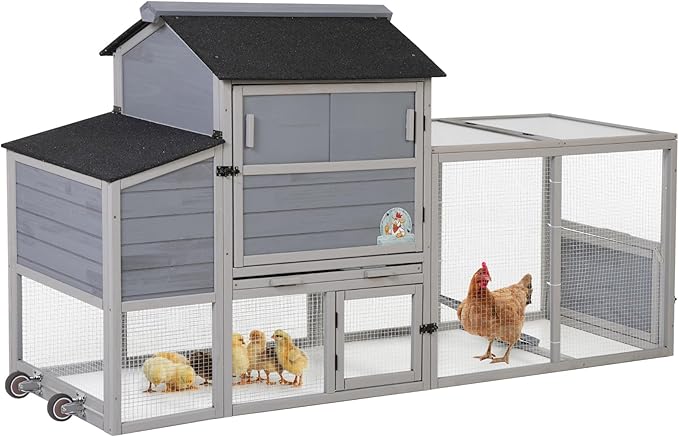 COZIWOW 82" Large Wooden Chicken Coop, Outdoor Rabbit Hutch, Guinea Pig Pet House with Wheels, Sunshine Board, Asphalt Roof, Ramp, Openable Top, Door, Window, Pull-Out Tray, Indoor Bunny Cage (Gray)-PawvioPets