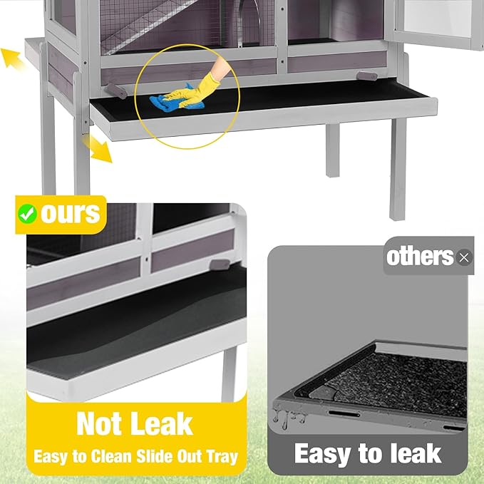 Aivituvin 2-Story Rabbit Hutch with Anti-Chew Ramp & Zinc Sheet - 36.6" Indoor Guinea Pig Cage, Wooden Stand, Pull-Out Tray & Leakproof Floor (Grey)-PawvioPets