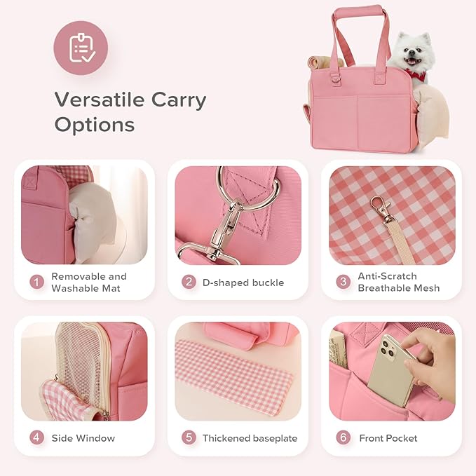 Dog Purse Carrier for Small Dogs, Soft Soft Sided Folding Dog Carriers for Small Dogs Medium Cats Puppies up to 15 Lbs, Washable Breathable Puppy Carrier for Outdoor Travel (Large Pink)-PawvioPets