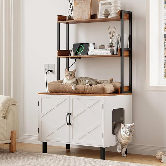 55 Inches Cat Litter Box Enclosure, Hidden Litter Box Furniture with 2 Storage Shelves and Charging Sockets, Wooden Cat House, Large Indoor Cabinet for Living Room & Entryway, White-PawvioPets