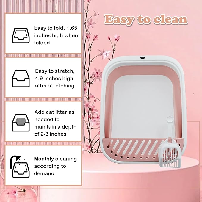 Foldable Cat Litter Box Open Potty Pan Portable Collapsible Cats Litter Boxs Travel Kitten Pan with Scoop Waterproof Low Entrance for Kitten and Easy Clean 17.7"×13.4"x4.9"(Pink)-PawvioPets